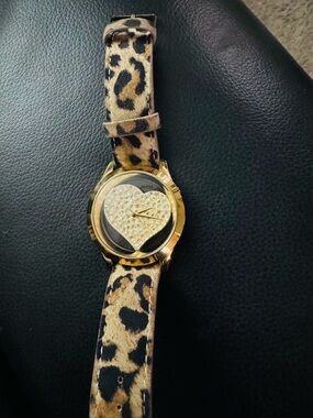 Guess Gold Tone Watch with Leopard Print Tan Strap and Crystal Heart